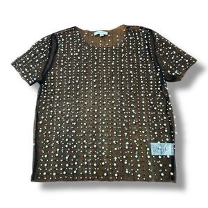 Endless Blu Black Sheer Embellished Pearl Short Sleeve Top Feminine Women’s Sz M